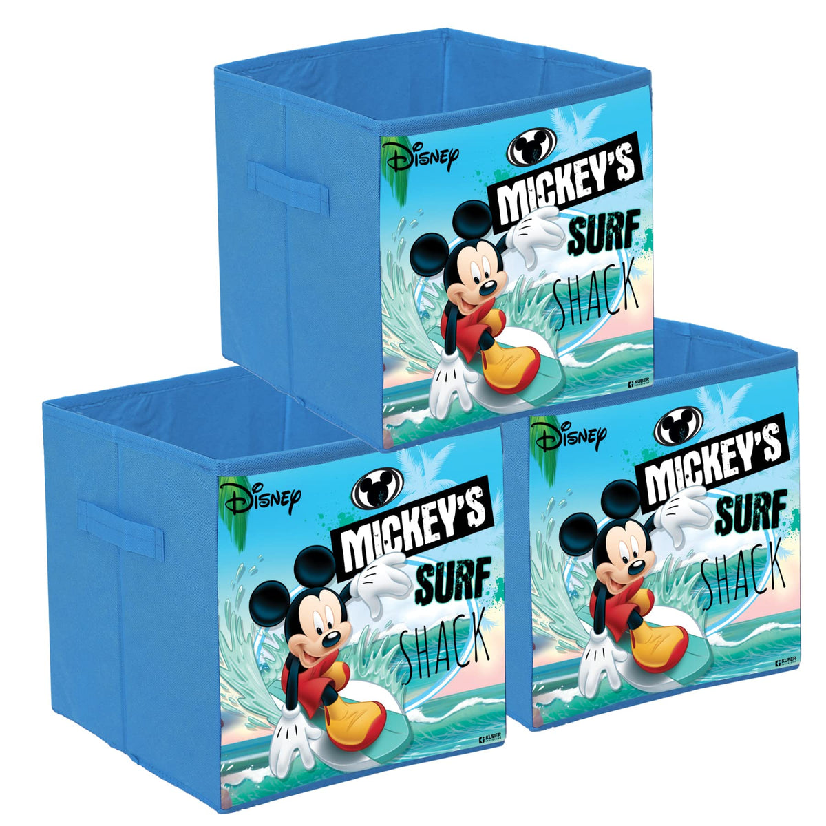 Kuber Industries Disney Mickey Surf Print Durable & Collapsible Square Storage Box|Clothes Organizer With Handle,Pack of 3 (Sky Blue)