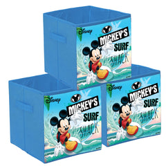 Kuber Industries Disney Mickey Surf Print Durable & Collapsible Square Storage Box|Clothes Organizer With Handle,Pack of 3 (Sky Blue)