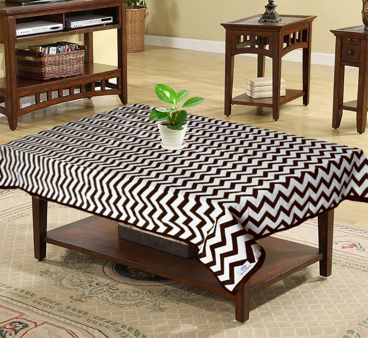 Heart Home Cotton Zig Zag Print 4 Seater Center Table Cover/Table Cloth for Home Decorative 60 in. x 40 in. (Brown) 54HH4377.