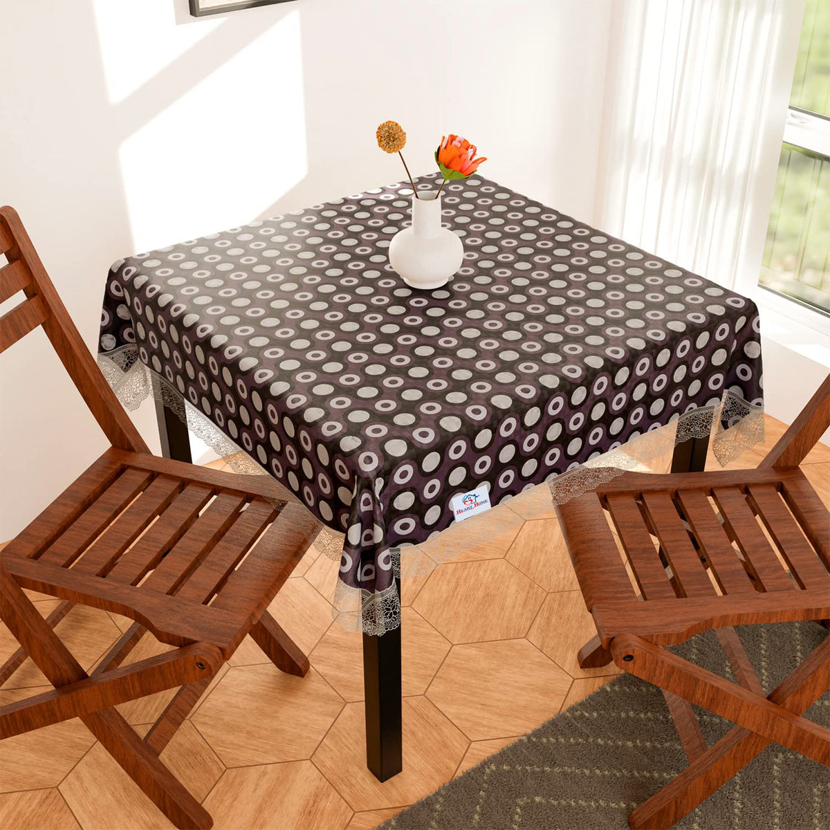 Heart Home Square Table Cover for 4 Seater|PVC Waterproof Circle Pattern Tablecloth Indoor & Outdoor|48x48 Inch (Purple)