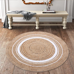 Kuber Industries Hand Woven Braided Carpet Rugs|Anti-Skid Round Traditional Spiral Design Jute Door mat|Mat for Bedroom,Living Room,Dining Room,Yoga,92 x 92 cm,(White)