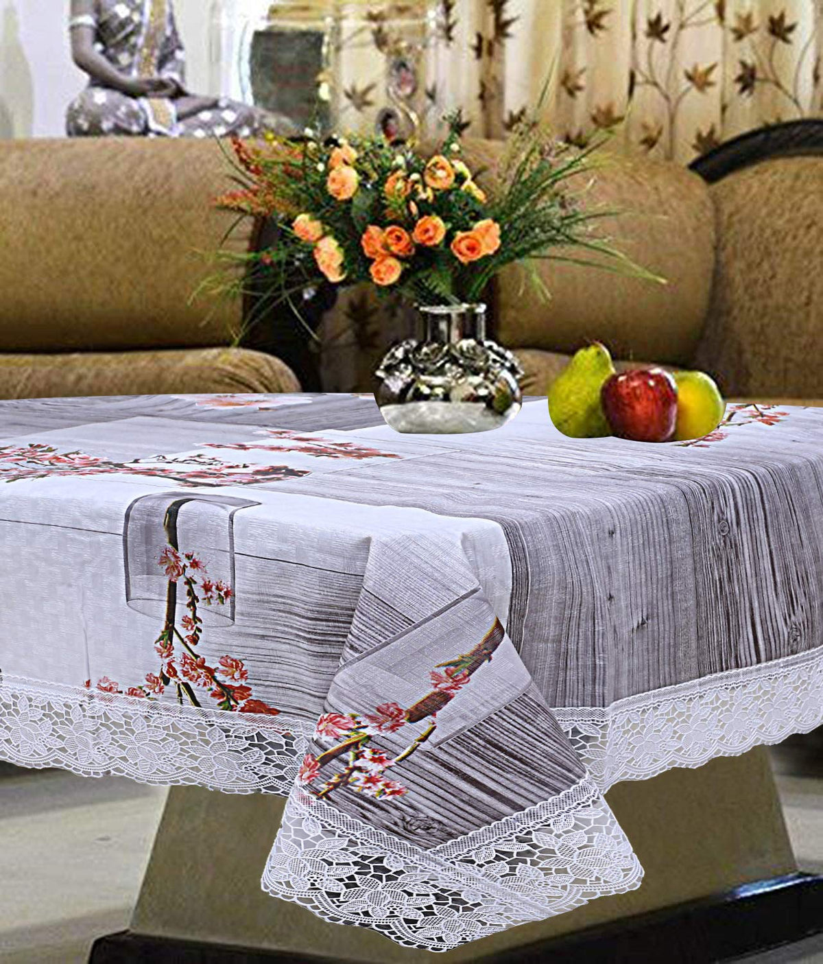 Kuber Industries Floral Checkered Design PVC 4 Seater Center Table Cover (Grey) -CTKTC30293