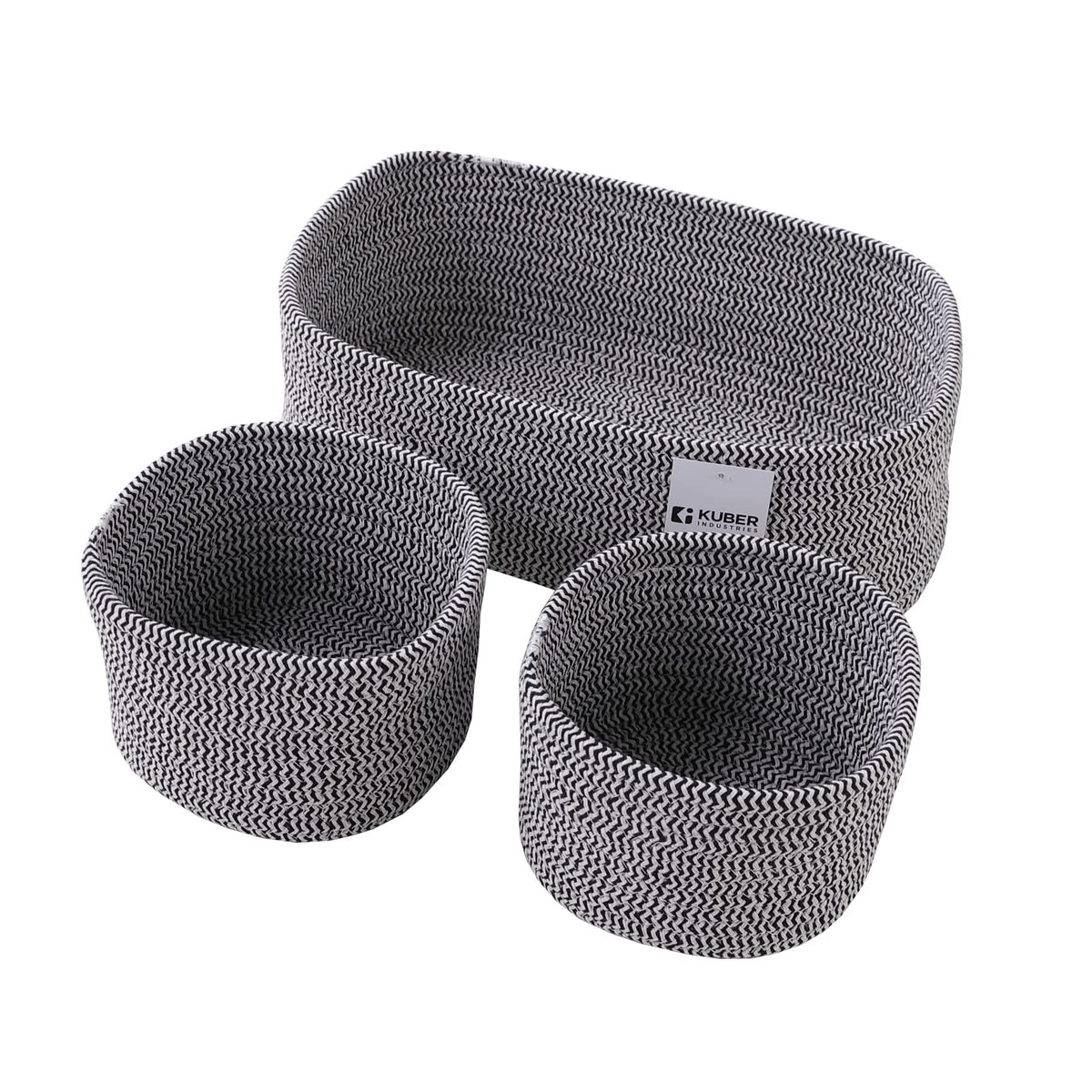 Kuber Industries Pack of 3 Cotton Woven Storage Basket With Handle | Shelf Basket Hamper | Organizer for Toys, Socks, Cosmetic | Capacity 9.2L, 3L, 3L | Stylish and Functional Organization Solution