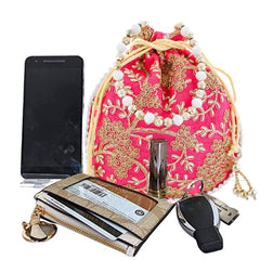 Kuber Industries Embroidery Drawstring Potli|Hand Purse with Gold Pearl Border & Handle for Woman,Girls (Pink)