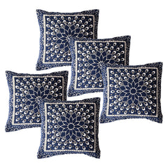 Kuber Industries Cushion Cover | Sofa Cushion Covers | Embossed Square Cushion Covers | Jute Cushion Covers | Flower Print Couch Cushion Covers | Set of 5 | 16 Inch | Blue
