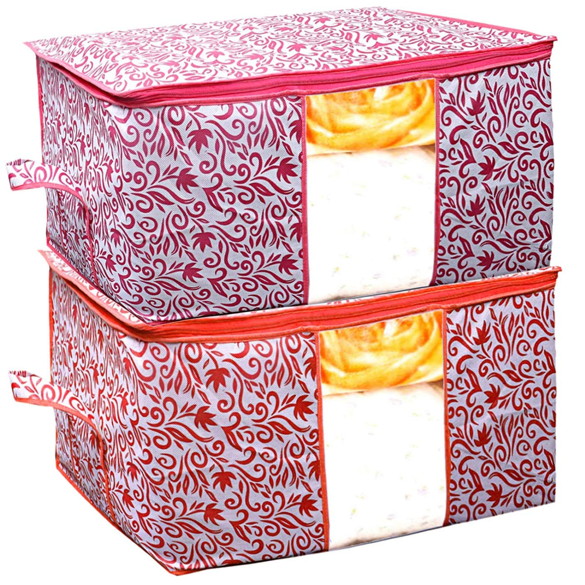Kuber Industries Leaf Design 2 Piece Non Woven Fabric Underbed Storage Bag,Cloth Organiser,Blanket Cover with Transparent Window, Red & Pink -CTKTC41044,Standard