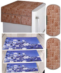 Kuber Industries Flower Design 3 Pieces PVC Fridge Mats,Wooden Checkered 2 Piece Handle Cover and 1 Piece Fridge Top Cover (Brown) - CTKTC39867