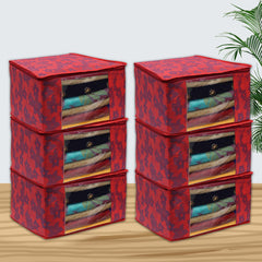 Homestic Set of 6 Foldable Non Woven saree covers with Zip|Saree & Clothes Organiser for wardrobe |Transparent Window With Premium Zipper|Suitable for Lehenga, Suit, Dress (Red)