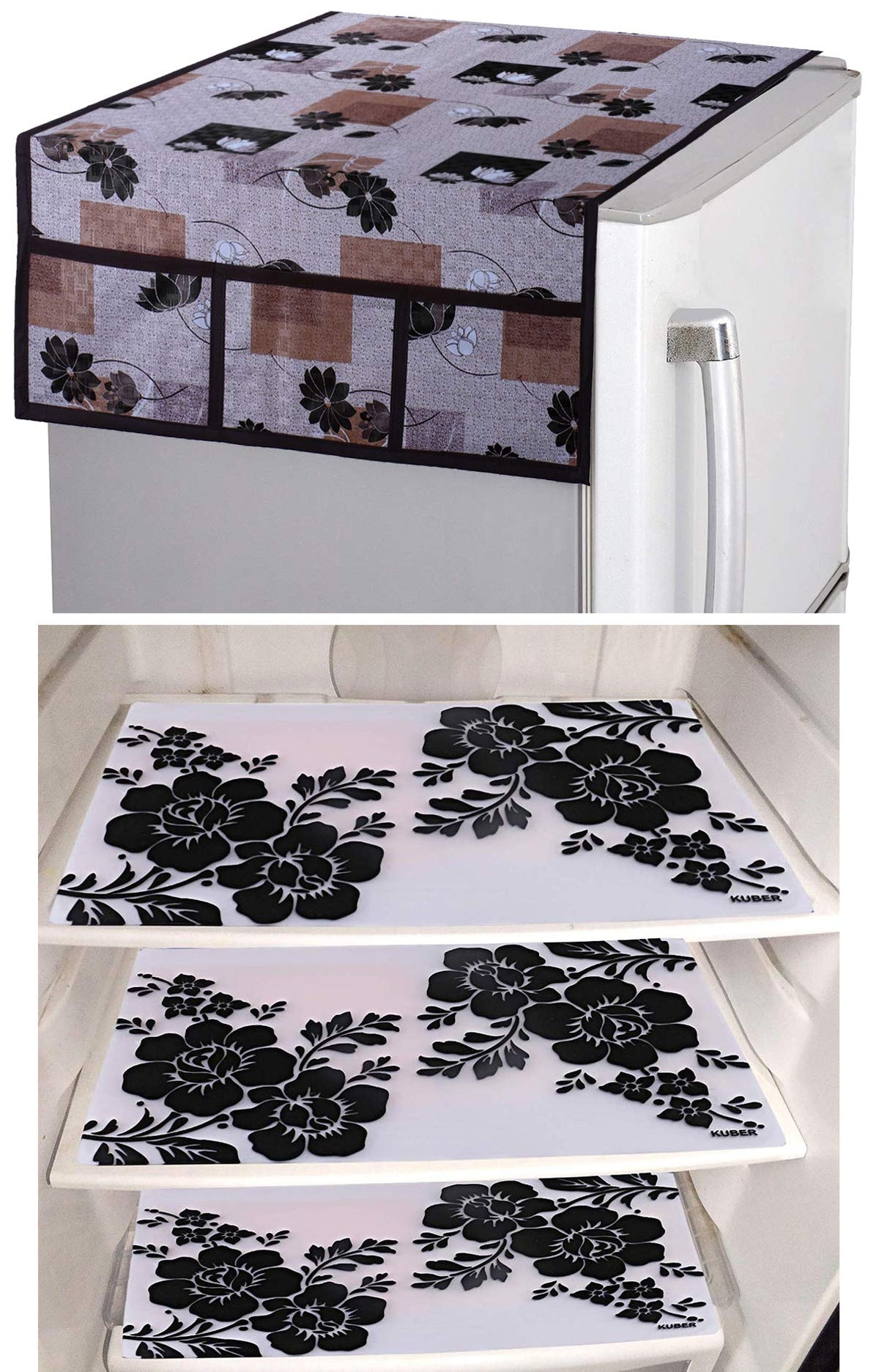 Kuber Industries Flower Design 3 Pieces PVC Fridge Mats and Flower Design 1 Piece Fridge Top Cover (Brown) - CTKTC039777
