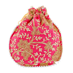 Kuber Industries Embroidery Drawstring Potli|Hand Purse with Gold Pearl Border & Handle for Woman,Girls (Pink)