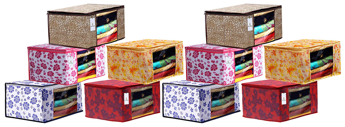 Kuber Industries Flower & Leaf Printed 10 Piece Non Woven Fabric Saree Cover Set with Transparent Window, Extra Large, Pink & Blue & Ivory Red & Golden Brown & Red -CTKTC40985