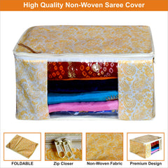 Homestic Set of 6 Foldable Non Woven saree covers with Zip|Saree & Clothes Organiser for wardrobe |Transparent Window With Premium Zipper|Suitable for Lehenga, Suit, Dress (Gold)