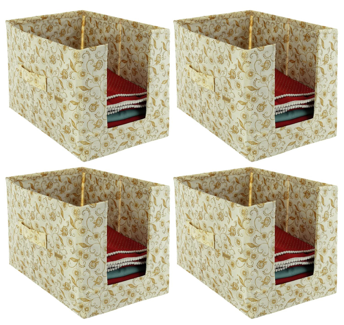 Heart Home Metallic Flower Printed Multiuses Non-Woven Closet Organizer With Handles- Pack of 4 (Cream) -HS43HEARTH26453