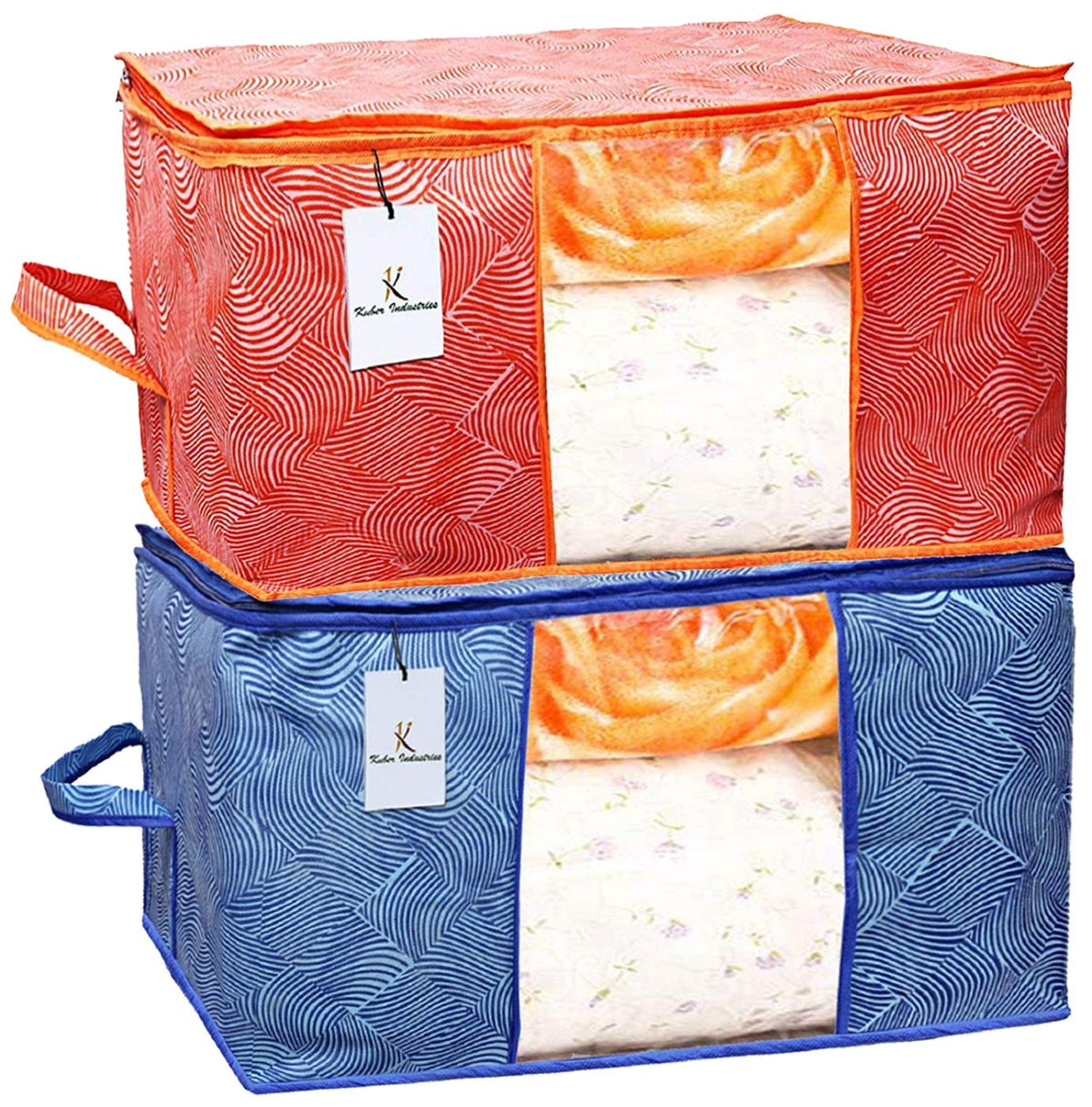 Kuber Industries Leheriya Printed 2 Piece Non Woven Fabric Underbed Storage Bag,Cloth Organiser,Blanket Cover with Transparent Window, Orange & Blue -CTKTC41070, Standard