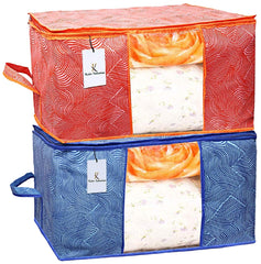 Kuber Industries Leheriya Printed 2 Piece Non Woven Fabric Underbed Storage Bag,Cloth Organiser,Blanket Cover with Transparent Window, Orange & Blue -CTKTC41070, Standard