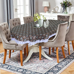 Heart Home Leaf Printed Oval Shape PVC Spillproof, Waterproof, Antislip, Wipe Clean 6 Seater Table Cover with White Lace Border, 60"x90" (Brown & Black)