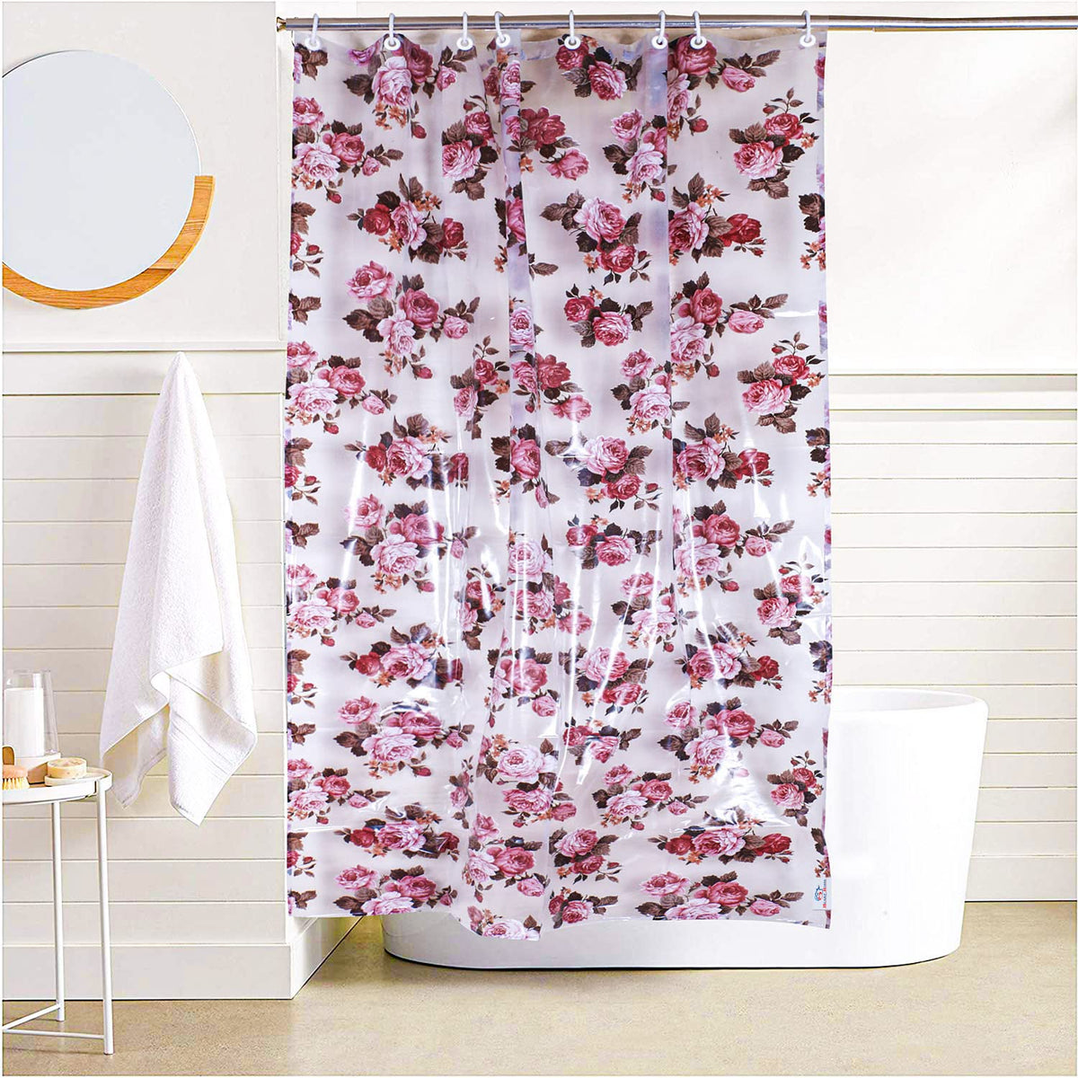 Heart Home PVC Waterproof Flower Print Shower Curtain for Bathroom with 8 Rings,7 Feet (Brown)