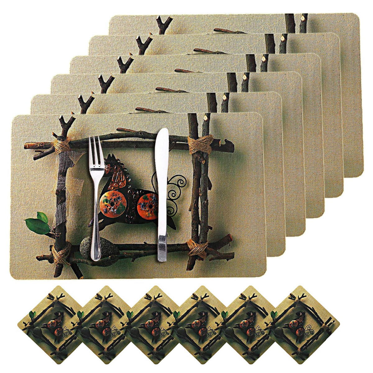 Kuber Industries Horse Design PVC 6 Piece Dining Table Placemat Set with Tea Coasters (Brown)-CTKTC032182