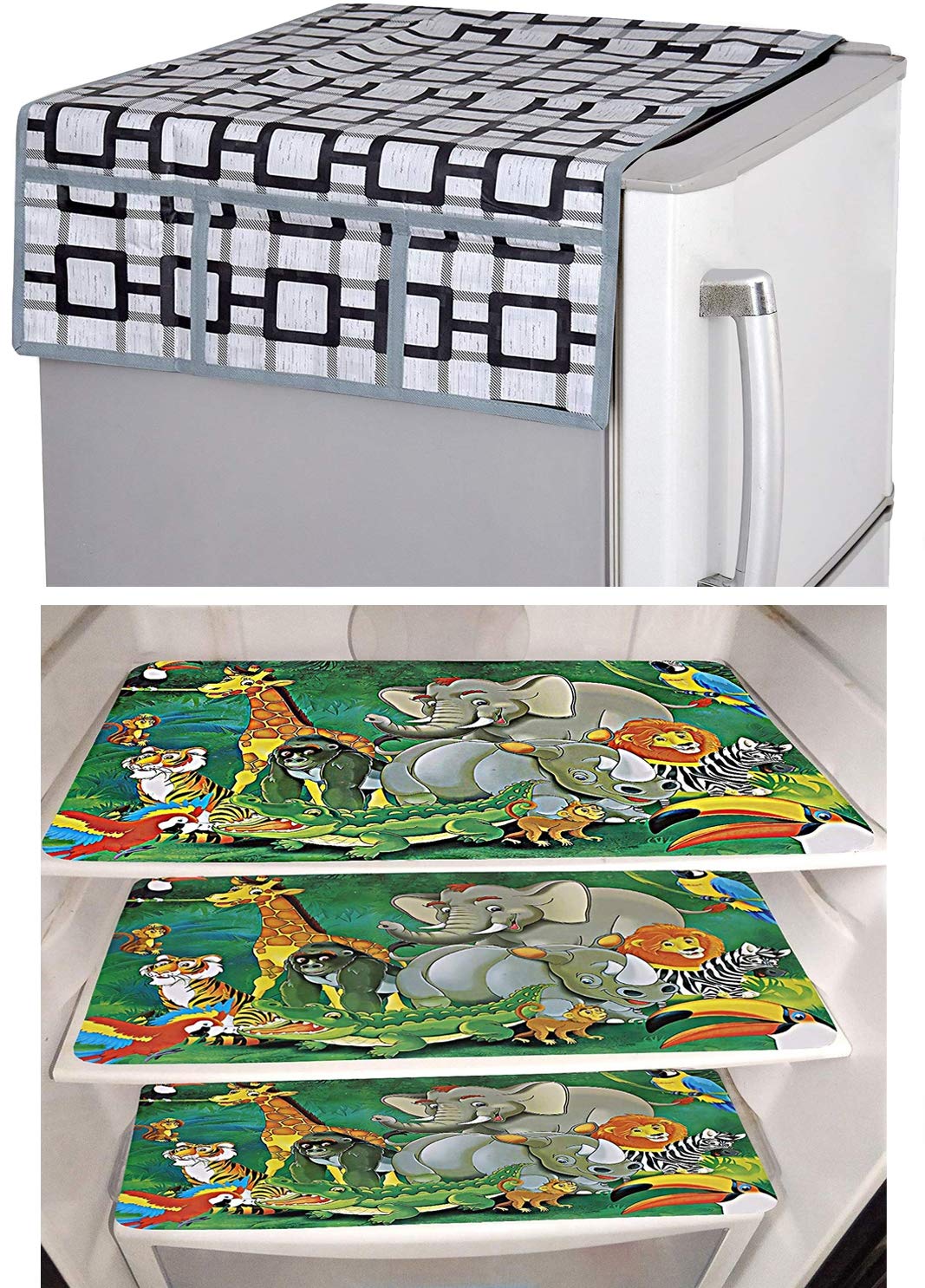 Kuber Industries Checkered Design 3 Pieces PVC Fridge Mats and 1 Piece Fridge Top Cover (Grey) CTKTC33677