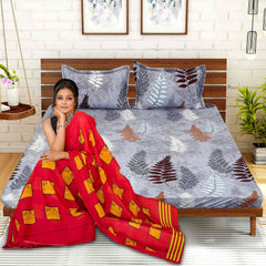 Kuber Industries Fitted Double Bedsheet|Glace Cotton Leaf Print Bedsheet with 2 Pillow Covers for Living Room|Bedroom|6x6 Feet (Gray)