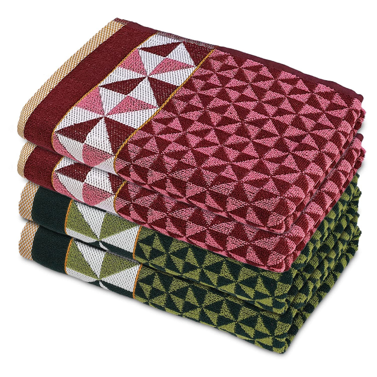 Heart HomeTringle Printed Super Soft, Fluffy, and Absorbent, Cotton Bath Towel Perfect for Daily Use, 30"x60"- Pack of 4 (Green & Maroon)