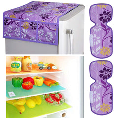 Kuber Industries Flower Design Combo PVC 3 Pieces Fridge Mats, 2 Piece Handle Cover and 1 Piece Fridge Top Cover(Purple),Standard,CTKTC024437