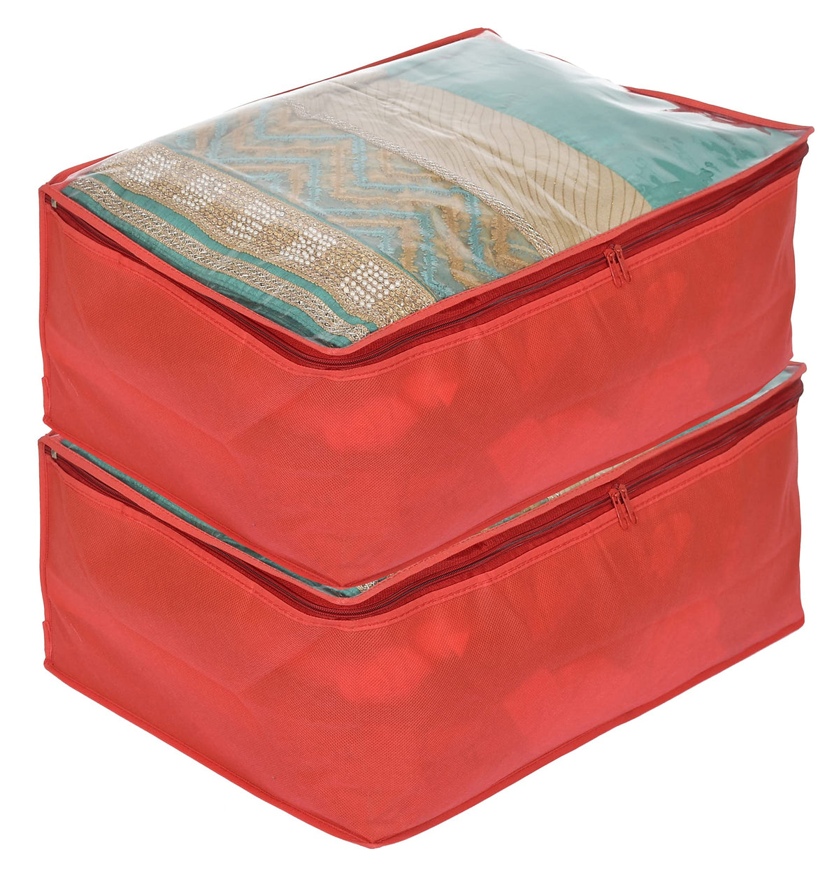 Kuber Industries Transparent Underbed Storage Cover/Lehenga Cover/Saree Cover/Gown Cover/Salwar Suit Cover For Women-Pack of 2 (Red)