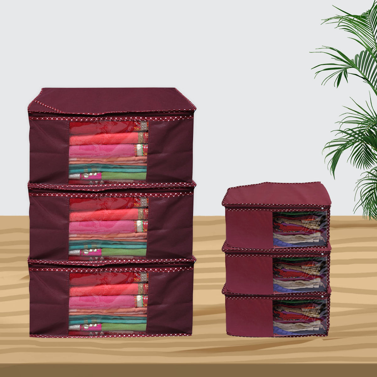 Homestic Combo Set of 6 saree covers & Blouse cover with Zip|Clothes Organiser for wardrobe |Transparent Window With Premium Zipper|Suitable for Lehenga, Suit, Dress (Maroon)