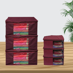 Homestic Combo Set of 6 saree covers & Blouse cover with Zip|Clothes Organiser for wardrobe |Transparent Window With Premium Zipper|Suitable for Lehenga, Suit, Dress (Maroon)