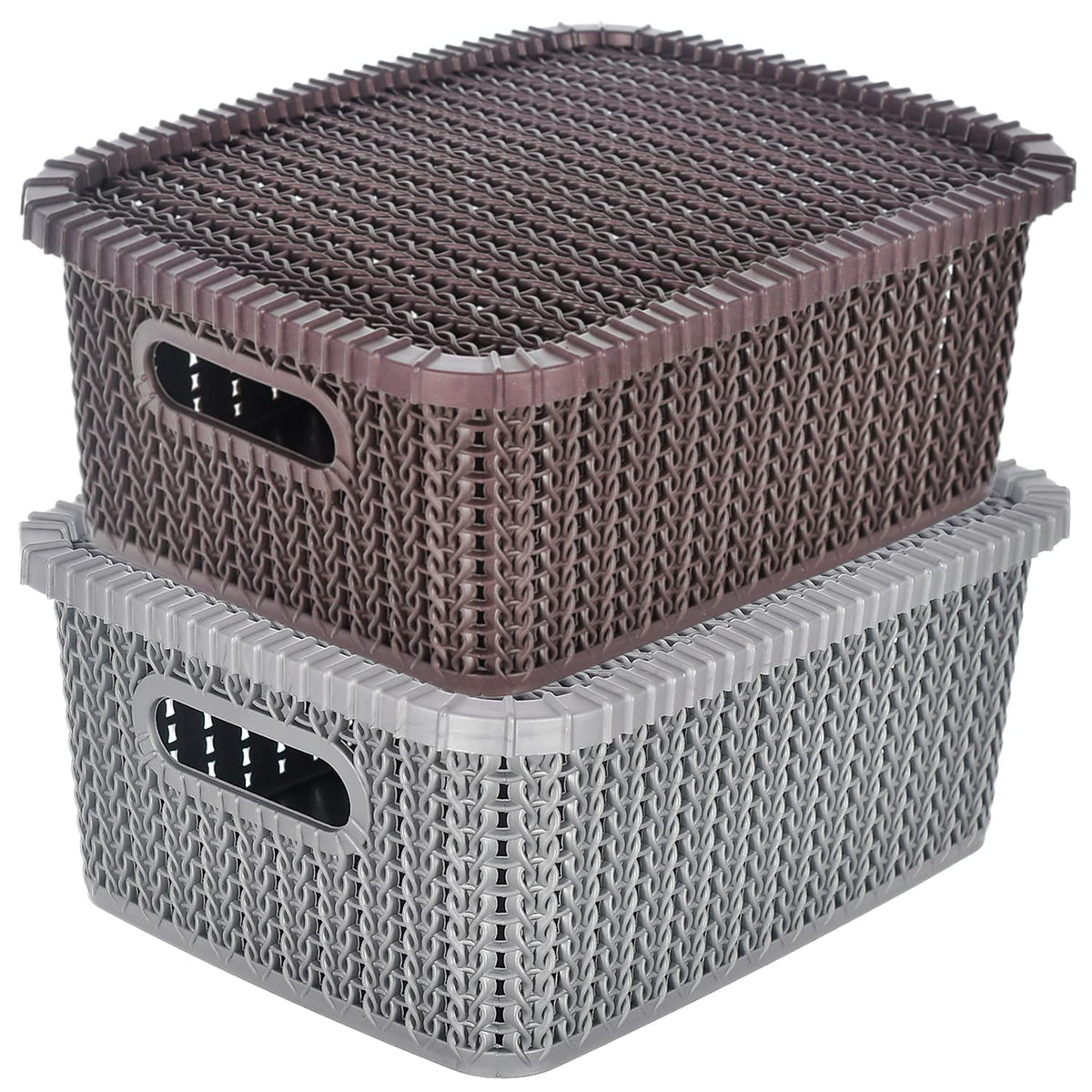 Heart Home Multiuses Large M 20 Plastic Basket/Organizer With Lid- Pack of 2 (Grey & Brown) -46HH077