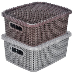 Heart Home Multiuses Large M 20 Plastic Basket/Organizer With Lid- Pack of 2 (Grey & Brown) -46HH077