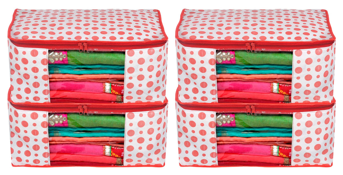 Heart Home Dot Printed Non-Woven Saree Cover, Cloth Organizer, Wardrobe Organiser With Tranasparent Window- Pack of 4 (Pink)-46HH0482