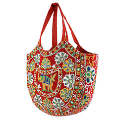 Kuber Industries Multiuses Velvet Floral Design Hand Bag/Tote Bag For Daily Trips, Travel, Office Pack of 2 (Red) 52KM3991