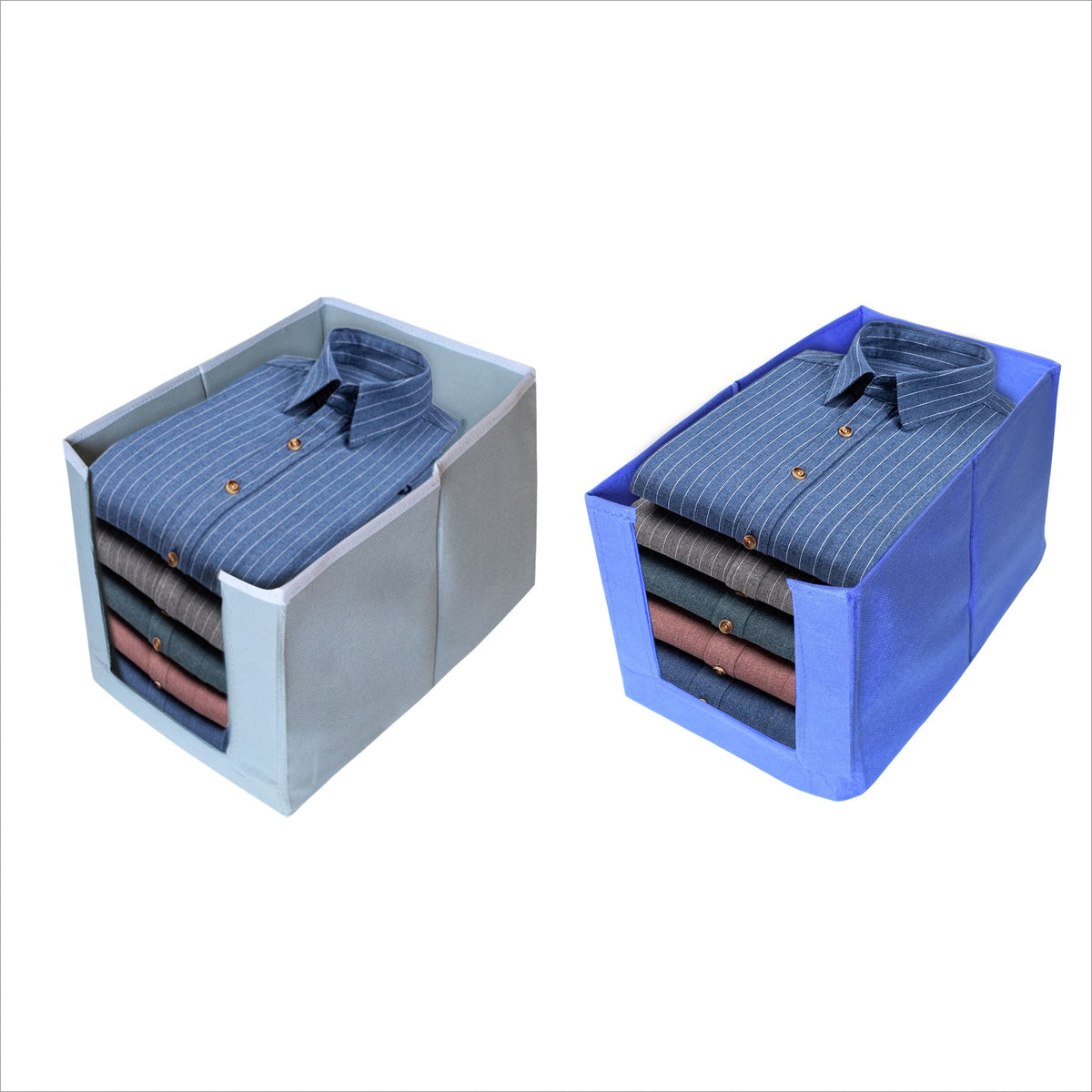 Homestic Pack of 2 Shirt Organizer for Wardrobe|Foldable & Non- woven Shirt Stacker|Designer Cupboard Organizer for Clothes |Clothes Storage box|Sturdy Cardboard Base (Grey and Blue)