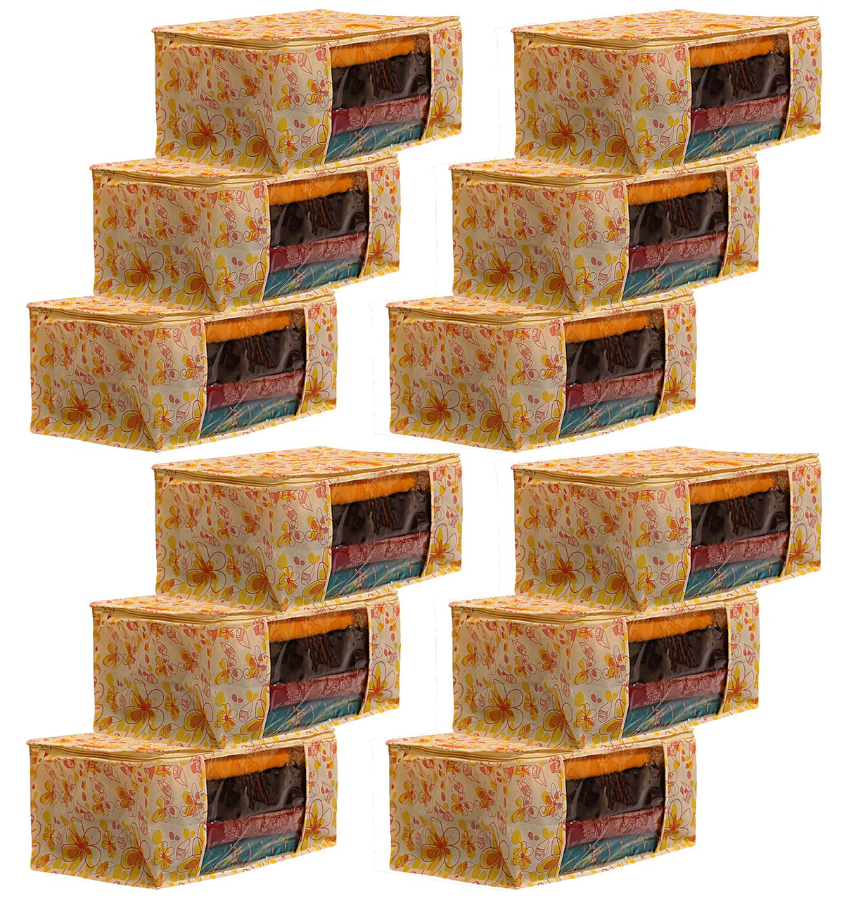 Heart Home Flower Design Non-woven Foldable Saree Cover/Clothes Storage Bag/Wardrobe Organizer With Transparent Window- Pack of 12 (Yellow)-44HH0399