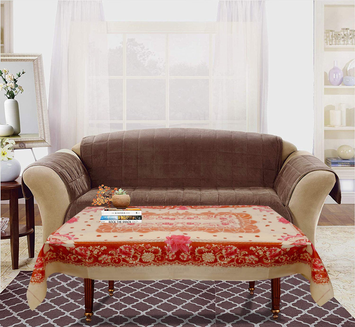 Heart Home Flower Design PVC 4 Seater Center Table Cover 60"x40"(Pink) -(CTHH06960)