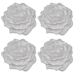 Heart Home Rose Design Soft Leather Table Mats, Dining Table Mats, Set of 4 (Silver)-50HH01297