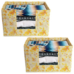 Heart Home Flower Printed Non-Woven Foldable Saree Stacker, Wardrobe Organizer, Storage Bin With Handle- Pack of 2 (Yellow)-HS43HEARTH26390