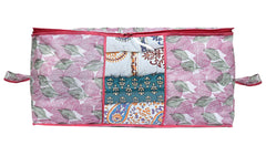 Kuber Industries Non Woven Fabric Metallic Leafy Print Foldable Clothes Storage Bag Wardrobe Organizer for Comforters, Blankets, Bedding with Sturdy Zipper, Clear Window (Pink, 65 Cm X 45 Cm X 31 Cm)