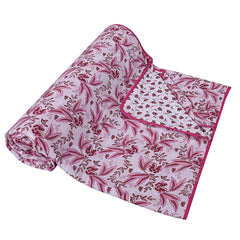 Heart Home Lightweight Tropical Plant Design Cotton Reversible Double Bed Dohar|AC Blanket for Home & Travelling (Pink)