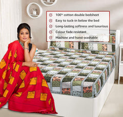 Kuber Industries Double Bedsheet with 2 Pillow Covers | 144 TC Glace Cotton Flower Check Print Bedsheet For Living Room | Bedroom | 90x100 Inch | Green