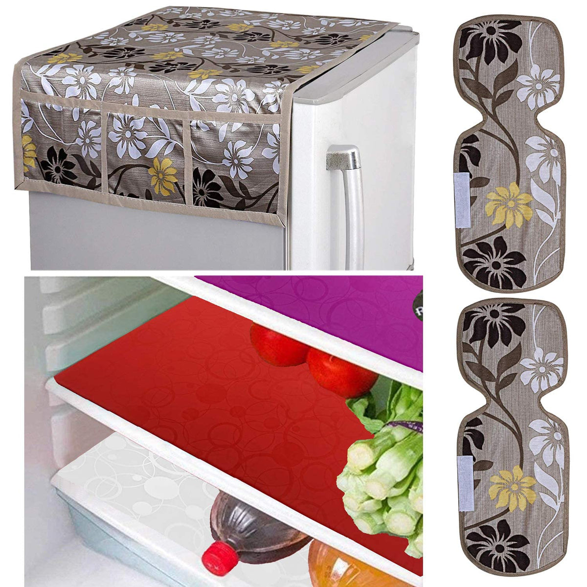Kuber Industries Flower Design Combo PVC 3 Pieces Fridge Mats, 2 Piece Handle Cover and 1 Piece Fridge Top Cover(Gold)