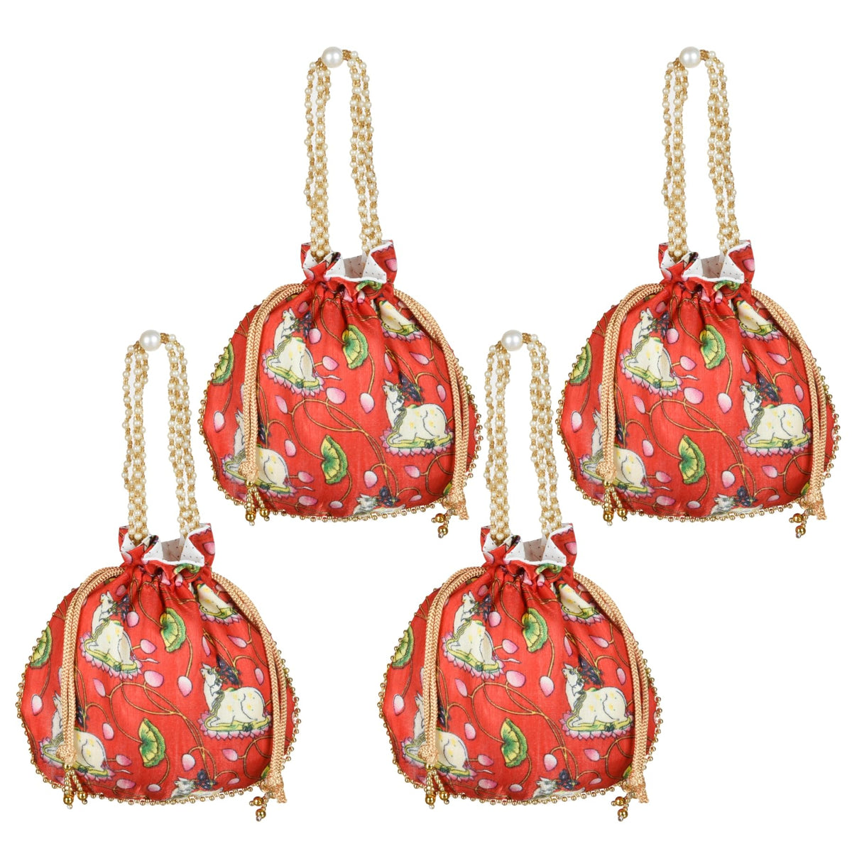 Kuber Industries Potli|Silk Wedding Potli|Wallet Potli|Christmas Gift Potli|Baby Shower Potli|Traditional Shagun Potli|Drawstring with Beads Handle Potli|Cow-Design Patli Potli|Pack of 4|Red