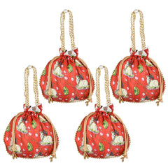 Kuber Industries Potli|Silk Wedding Potli|Wallet Potli|Christmas Gift Potli|Baby Shower Potli|Traditional Shagun Potli|Drawstring with Beads Handle Potli|Cow-Design Patli Potli|Pack of 4|Red