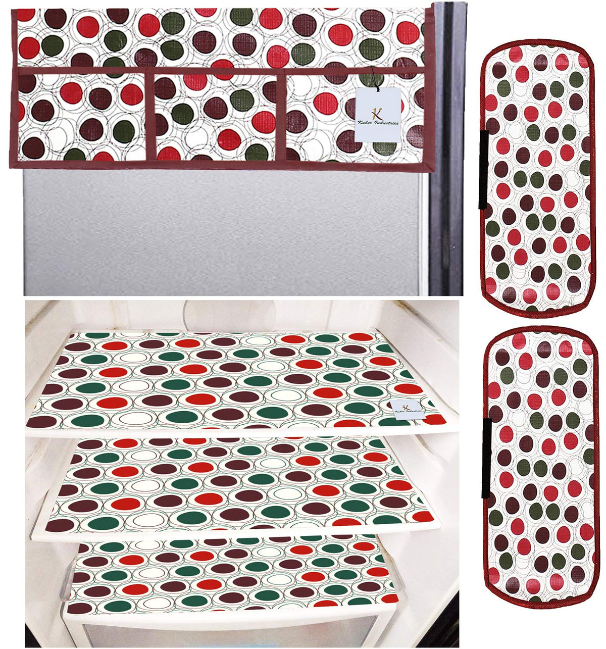 Kuber Industries Circle Design 3 Pieces PVC Fridge Mats,2 Piece Handle Cover and 1 Piece Fridge Top Cover (Maroon & Cream) CTKTC34067