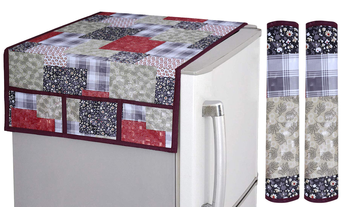 Kuber Industries 3D Checkered Design PVC 1 Piece Fridge Top Cover and 2 Piece Handle Cover (Maroon) - CTKTC39713