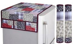 Kuber Industries 3D Checkered Design PVC 1 Piece Fridge Top Cover and 2 Piece Handle Cover (Maroon) - CTKTC39713