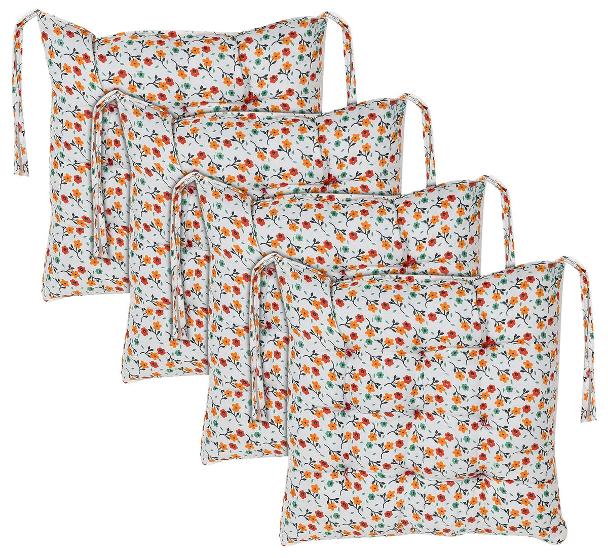 Heart Home Flower Printed Microfiber Square Chair Pad Seat Cushion for Rocking Chair, Office Chair, Dinning Chair, Indoor/Outdoor with Ties, 18 * 18 Inch- Pack of 4 (White)