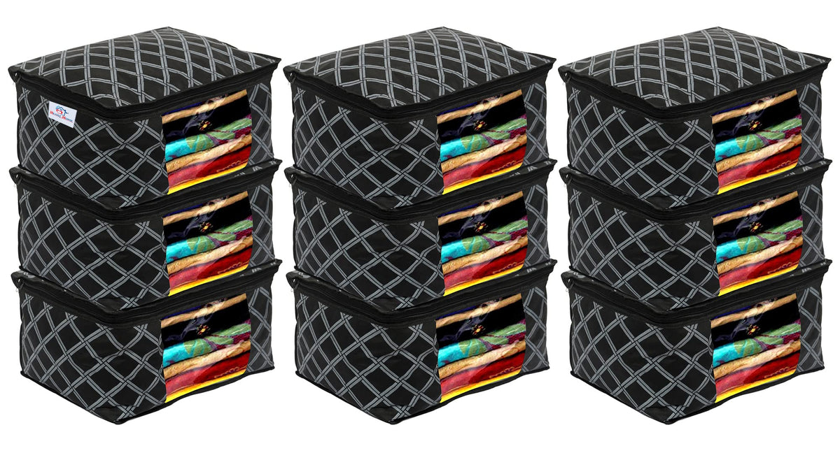 Heart Home Check Print Non-Woven Foldable Saree Cover|Clothes Storage For Saree, Lehenga, Suit With Top Transparent, Pack of 9 (Black)