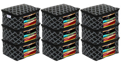 Heart Home Check Print Non-Woven Foldable Saree Cover|Clothes Storage For Saree, Lehenga, Suit With Top Transparent, Pack of 9 (Black)